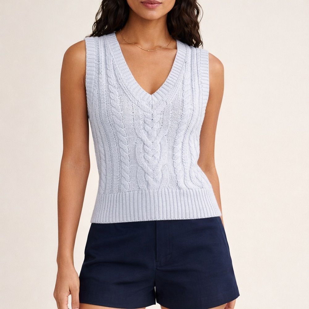 PAIGE Cheryl Cable Knit Vest Frost Blue Size Medium Cotton Silk V Neck Sweater